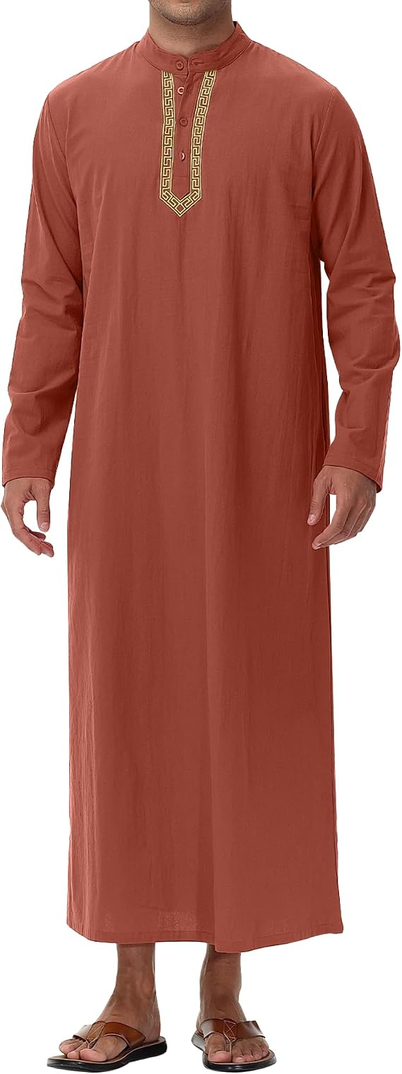 NANAMEEI Thobe for Men Long Sleeve Muslim Kaftan Cotton Linen Islamic clothing Mens Caftan M-3XL