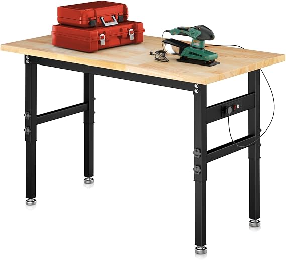 48" Adjustable Workbench, Work Table with Foot Pads & Power Outlet (Rubber Pad47.8")