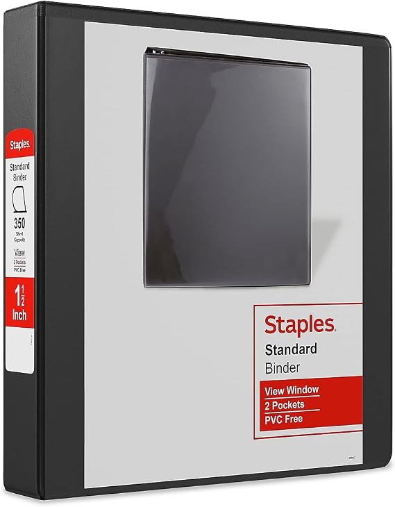 Staples Standard View Binder, 1.5 Inch Round Ring, Black, 12/Carton