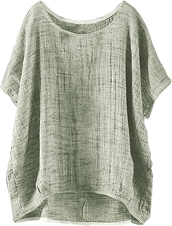Linen Shirts for Women Summer 2025 Trendy Plus Size Crewneck Short Sleeve Cute Tops Casual Loose Fit Comfy Blouses