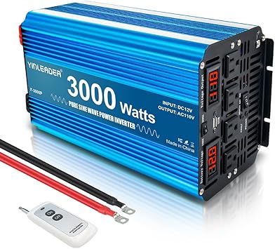 3000 watt Inverter Pure sine Wave Inverter 12V to 110V/120V Power Inverter, 6000W Peak DC to AC Inverter with LCD Display 4 AC Outlets,USB Port, Wireless Remote Control for Truck, RV, Solar Off-Grid