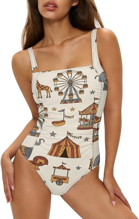 Circus Theme One Piece Swimsuit Women Carnival Tummy Control Swimsuits Bathing Suit