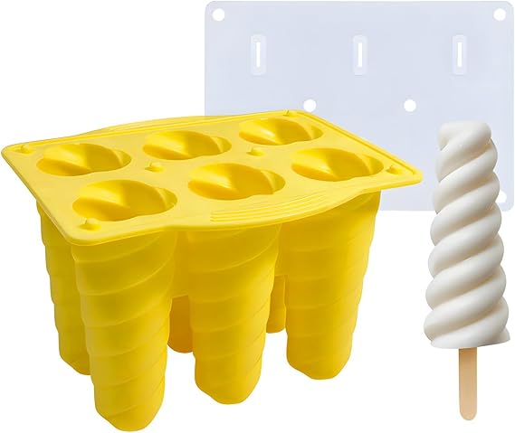 Silicone Popsicle Mould With Lid,Popsicle Molds 6 Pieces Ice Pop Molds BPA Free Popsicle Mold Reusable Easy Release Ice Pop Make Homemade children DIY ice cream food grade Mold (spiral-yellow)