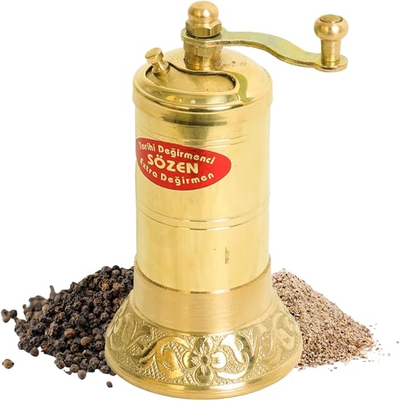 Handmade Turkish Pepper Grinder, Manual Brass Spice Mill with Conical Burr, Hand Crank Grinder for Peppercorns, Salt and Spices (4.3 Inch - Compact Brass)