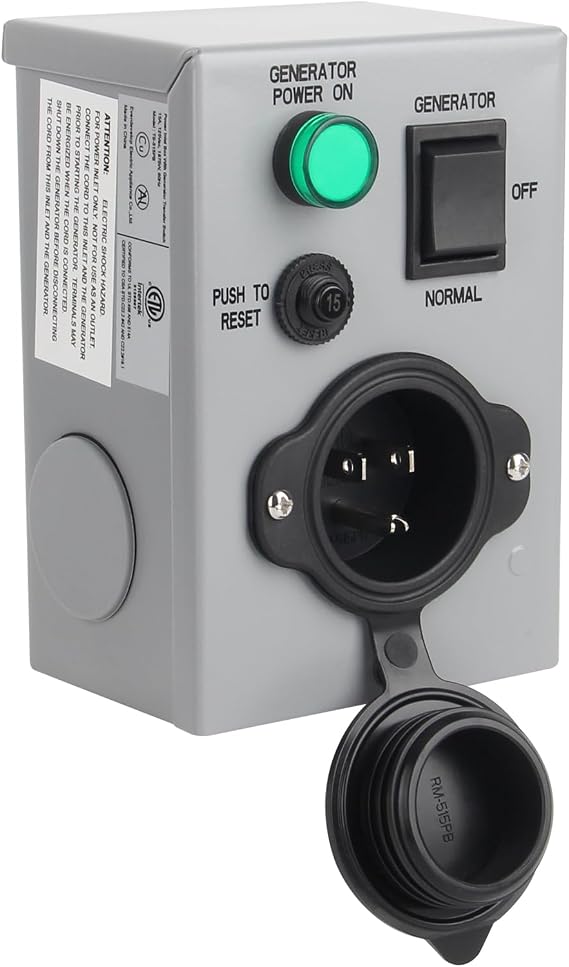 15A Manual Generator Transfer Switch, Pre Punched Knockouts,125V Weatherproof NEMA 5-15P Inlet Circuit Breaker for Generators Indoor and Outdoor Use, ETL Listed