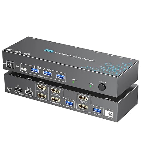 KVM Switch 2 Computers 2 Monitors HDMI, 8K 60Hz 4K120Hz 2 Port Dual Monitor KVM Switches for 2 PC Share 2 Display and Four USB 3.0 Devices