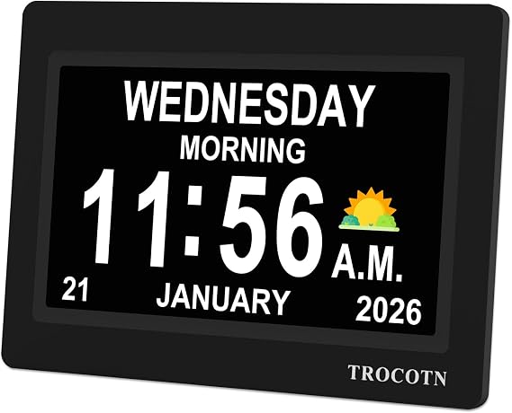TROCOTN Dementia Clock, Digital Clock with Date and Day for Elderly Use, Large Display with Auto-Dimming for Bedroom and Living Room (7 Inches Black)