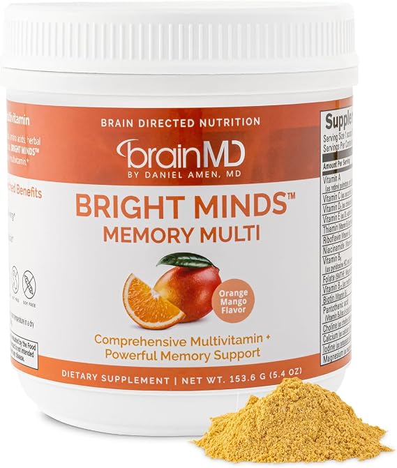 BrainMD Dr Amen Bright Minds Memory Multi, Orange Mango Flavor - 5.4 oz Powder - Multivitamin & Memory Support - Gluten Free, Sugar Free - 30 Servings