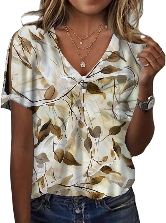 BIVENANT Women's Boho Floral Shirts Short Sleeve Cold Shoulder Tops Summer Blouses for Women Loose Trendy