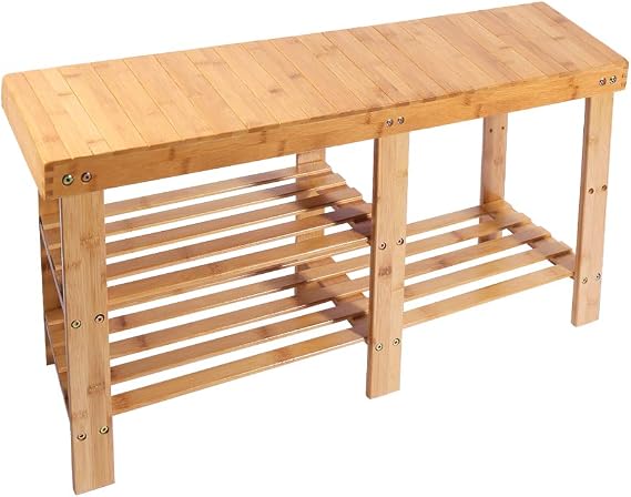 Bamboo Shoe Rack Bench with Boots Compartment , APLOS 3-Tier Shoe Organizer, Storage Shelf for Entryway Hallway Living Room, 35.43" L x 11.02" W x 17.72" H