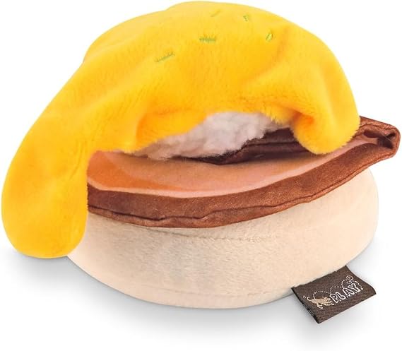 P.L.A.Y. Cute Plush Dog Toys - Brunch Food Themed Durable Squeaker Chew Toy for Puppies & Small Dogs - Machine Washable, Recycled Material (Benny's Eggs Benedict, X-Small)
