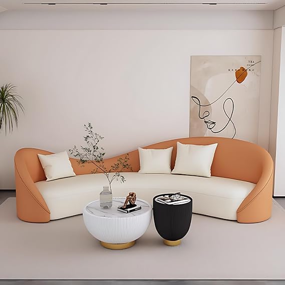 Modern Sectional Sofa Set, High-Density Cushions, Solid Wood Frame, Leather Sectional Couches for Living Room, Couch Sets with Coffee Table (Orange Sofa + Coffee Table,83IN)