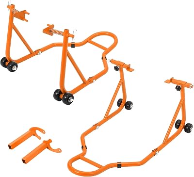 850LB Heavy-Duty Motorcycle Lift Stand Combo, Adjustable Front Fork & ul Rear Spool Stand, Fit Paddock Stand Wheel Lift for Sport Bikes, Orange