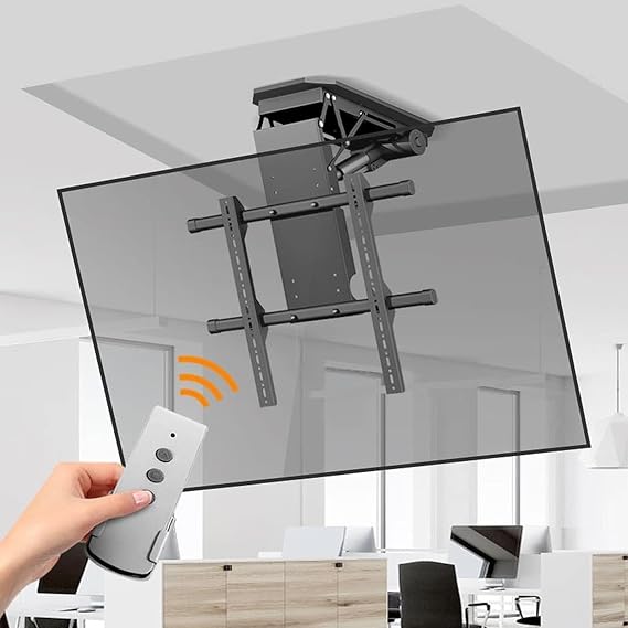 TV Bracket 0-85 Flip Down Motorised TV Bracket - Hidden Drop Down TV Lift - Electric TV Ceiling Mount Fits 50-90 Inch TVs(