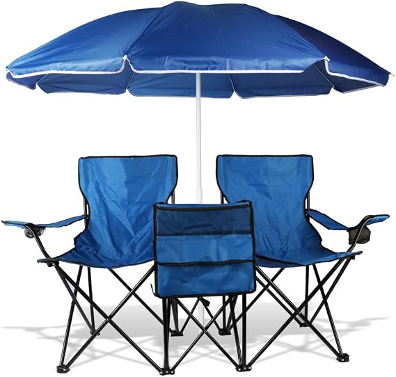 BIGTREE Chair Double Folding Removable Shade Umbrella Cooler Ice Chest Cup Holder Patio Blue