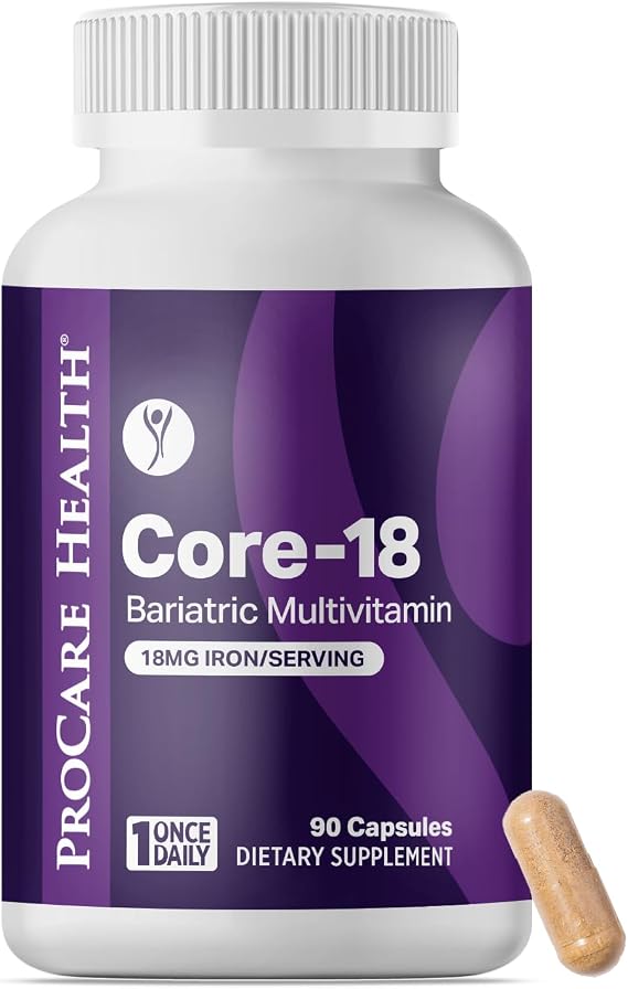 ProCare Health Core-18 Bariatric Multivitamin | 18mg Iron | Capsule | 90ct | Once Daily Capsule for Gastric Bypass, Sleeve & Post-Op Support Easy-to-Swallow Capsules, No Artificial Colors, Gluten-Free