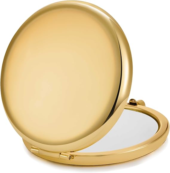 Compact Mirror, Pocket Travel Makeup Mirror for Purse, Metal Round Shell, 2-Sided 1X/2X Magnifying, Portable, Folding, Handheld, Gold, 1 Pack