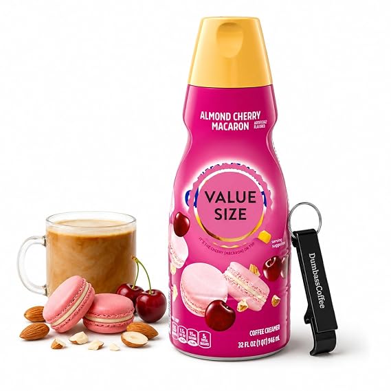 Premium Liquid Coffee Creamer 32 fl oz Gluten Free & Non Dairy Creamer - Rich & Smooth Flavored Creamer with Dumbass Coffee Bottle Opener Keychain (Almond Cherry Macaron Flavor) Keychain