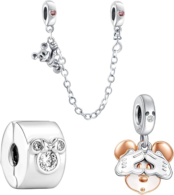 Doyafer 925 Sterling Silver Charms Iron Cool Man Golden Bear Cute Mouse Beads For Women Bracelets Necklace Gifts for Family and Friends 3 Piece/Package