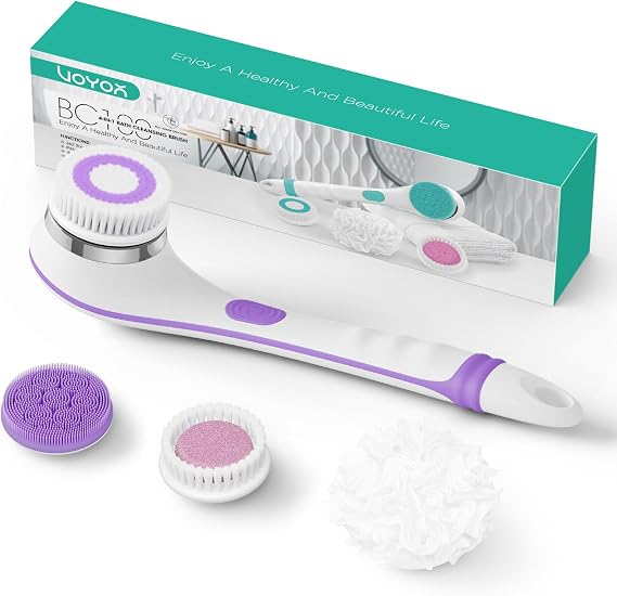 VOYOR Electric Body Brush for Showering, Back Scrubber for Shower, Purple | Rechargeable Exfoliating Bath Brush Powered Shower Brush Non-Slip Long Handle Deep Cleansing, Massaging Brush Women Men BC100