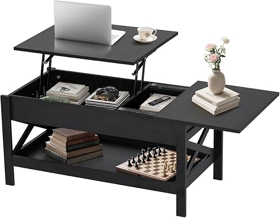 Coffee Table, Lift Top Coffee Table with Storage, 39" Wooden Table for Lifting Top with Hidden Compartment, X Design Coffee Tables for Living Room & Office, Rustic Brown (Black)