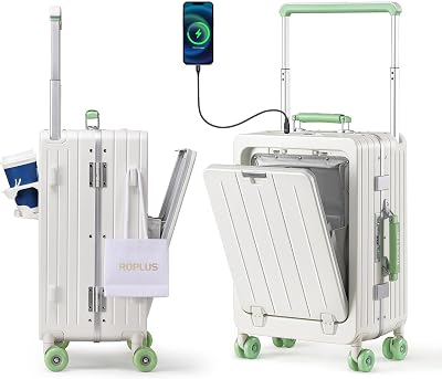 Carry On Luggage with Front Cover Compartment, Aluminium Frame Rolling Suitcase with USB Ports, Cup Holder, TSA Lock, Skate Wheels WhiteGreen, 21-Inch