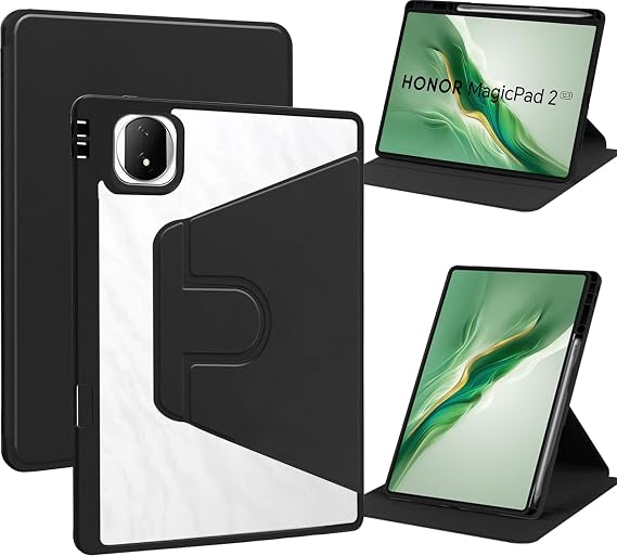 KZIOACSH Case for Honor MagicPad 2, 360° Rotation Multi-angle Kickstand Shockproof Rugged Back Cover Soft PU leather+ Hard PC Anti-Drop Tablet Case Backing with Pen Slot and Wake Up/Sleep Function