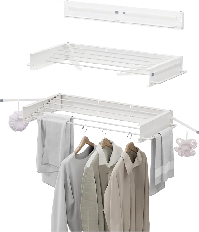 JOOM Wall Mounted Clothes Drying Rack,31.5 Inch Foldable Rack,White,Poles