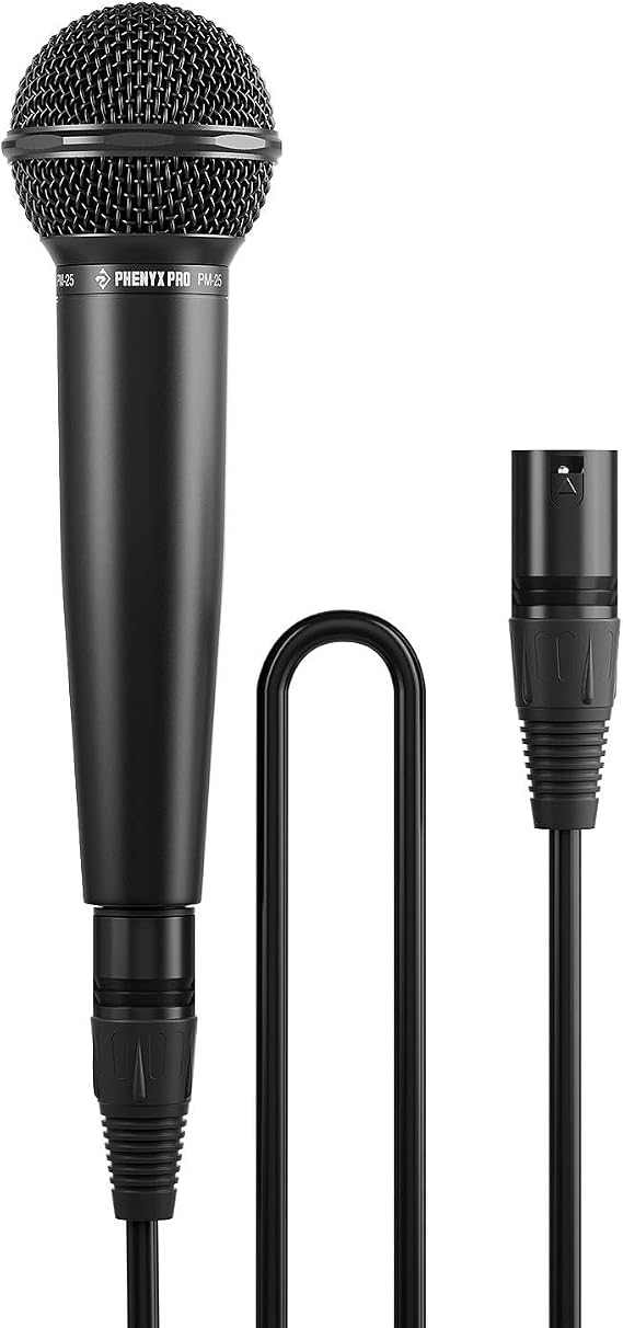 Phenyx Pro Cardioid Dynamic Vocal Microphone 16.4 ft XLR Cable PM-25 | Wired Handheld Microphone, Mic Clip, Storage Bag, All-Metal Build, Singing, Stage, Studio, Karaoke