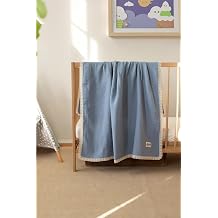 SALLHOMEE Pamuklu 4 Katlı Müslin Bebek Battaniyesi, Mavi, 90x110 cm, Antibakteriyel, Dantelli, Düz Desen