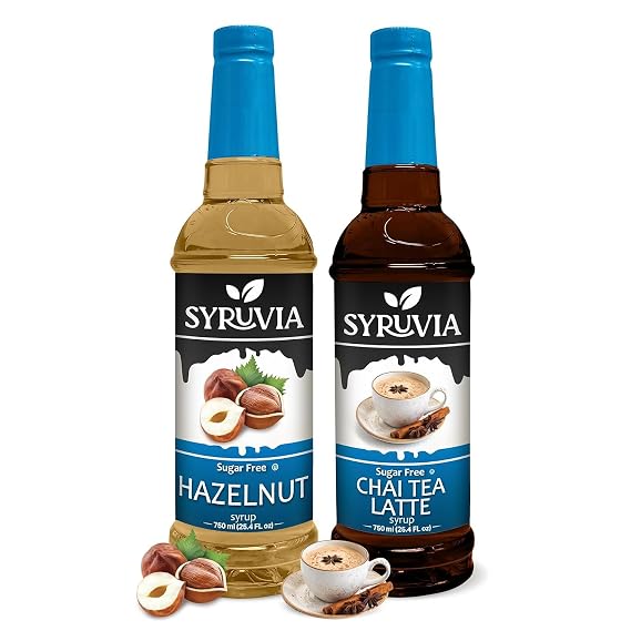 Syruvia Sugar-Free Hazelnut & Sugar-Free Chai Tea Latte Syrup - 25.4 fl oz. Premium Coffee Flavoring Syrup. 0 Calories, Kosher, and Gluten-Free. Perfect for Drinks, Sodas, Shakes, Desserts, and More.