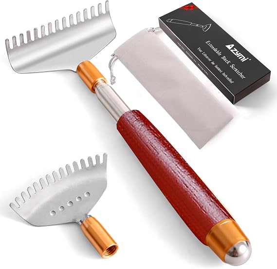 Back Scratcher with 2Pcs Detachable Heads, Azymi Telescopic Back-Scratcher for Women Men, Wide Claws/Roller Ball/Wooden Handle, Long Big Heavy Duty Head Body Scratcher Massager