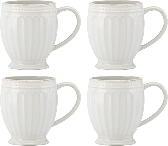 Lenox French Perle Groove White Stoneware Mug Set for 4, 12oz | dishwasher safe, microwave safe | coffee mug gift for coffee lovers | 4.25 inch, 14oz, gift for women