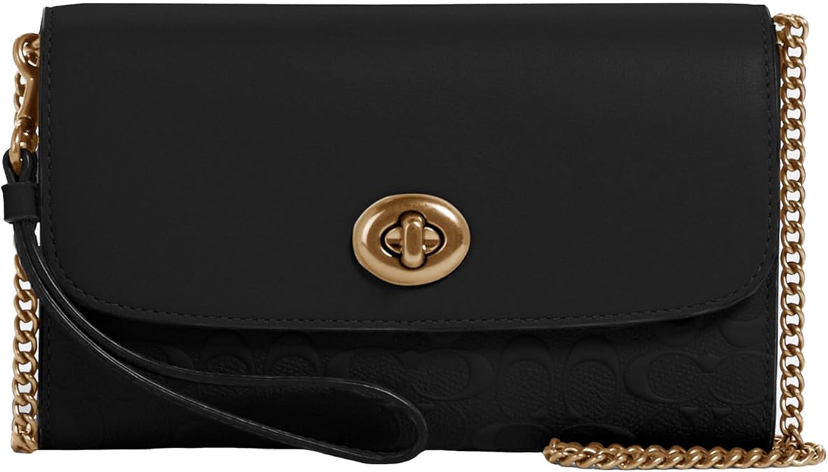 Coach Women's Signature Leather Chain Crossbody, Black, One Size