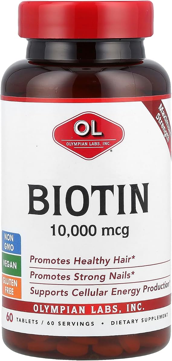 Olympian Labs Max Strength Biotin Vitamin B7 Supplement, 10,000mcg Tablets, Improve Hair, Skin & Nail Growth, 60 Vegan Tablets