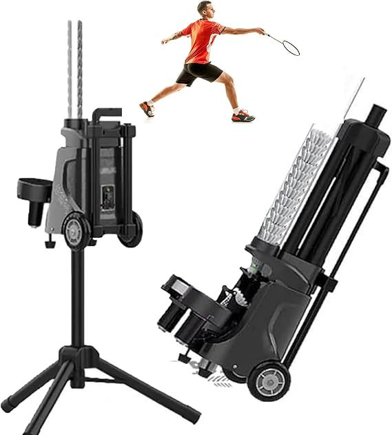Automatic Badminton Serve Machine, Portable Badminton Training Device with Metal Bracket Adjustable Angles Automatic Rebound Badminton with Serving Frequency 1-5s/Ball