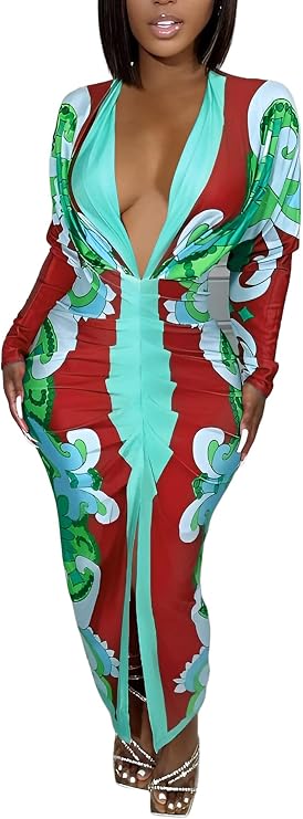 Womens Long Sleeve Maxi Bodycon Dress V Neck Ruched Cocktail Evening Dresses with Slit