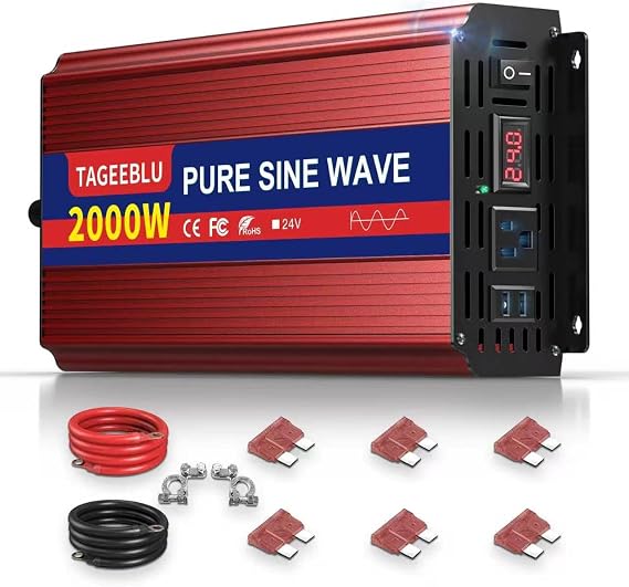 24V 2000W Pure Sine Wave Power Inverter 24V DC to 110V 120V AC for Vehicles