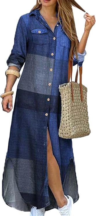 Womens Casual Lapel Collar Long Dress Rolled Up Sleeve Loose Fit T-Shirts Dress Side Slit Dresses