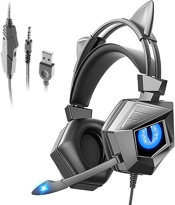 Gaming Headset for PS4/5 Xbox One PSP Laptop, with Noise Cancelling Mic,Stereo Surround,Quick Volume Adjustment,Soft Memory Earmuffs,LED Light(Blue Led+Black)