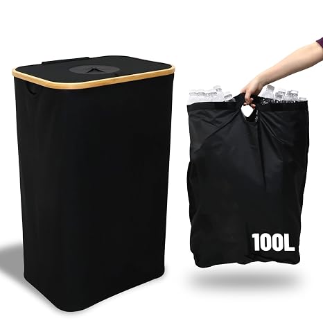 26 Gallon Recycling Bin with Lid for Kitchen, Large Trash Can with Dual Reusable Inner Bags for Bottles, Cans, Glass, and Plastics Kitchen Recycling Bin for Trash and Waste Separation