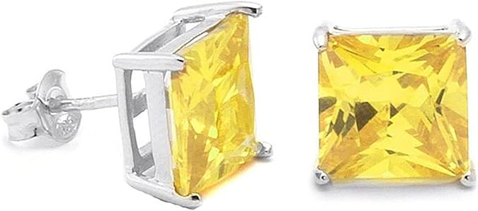 14 Karat White Gold Plated Sterling Silver 2.00 Carat Princess Yellow Cubic Zirconia Cz Stud Earrings.