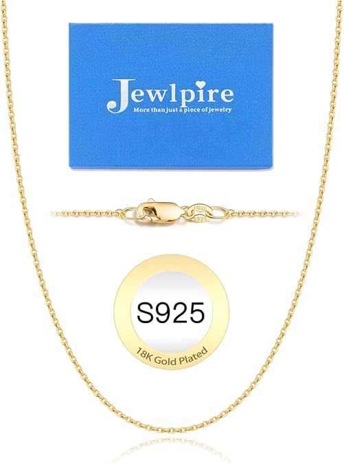 Jewlpire 18k Gold Plated 925 Sterling Silver Chain Necklace for Women, 1.3mm Thin & Dainty & Sturdy Cable Chain Necklace Women's Chain Necklaces 14/16/17/18/20/22/24 Inch