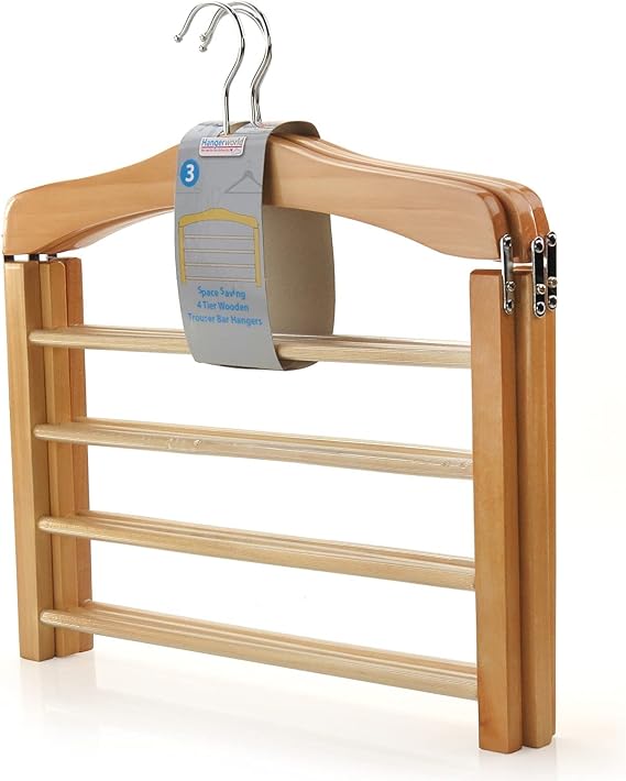 Hangerworld 3 Pack of Wooden Trouser Hangers - Multifunctional 4 Tier Clothes Storage Organiser with Non Slip Bars