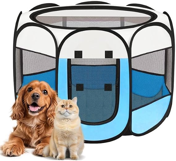 Dog Cat Playpen, Puppy Pet Playpen, Indoor/Outdoor Dog Pen, Portable Foldable Playpen Outdoor Tent Crate Cage with Zipper Top Cover Door, Pop Up Collapsible Kitten Play Pen Tent for Camping RV
