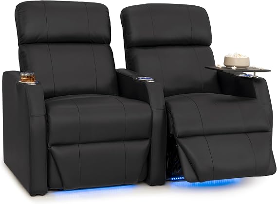 Seatcraft Sienna Home Theater Seating Black Row of 2 | Italian Leather, Space Saver, Power Recline, LED Lights, USB-A charging