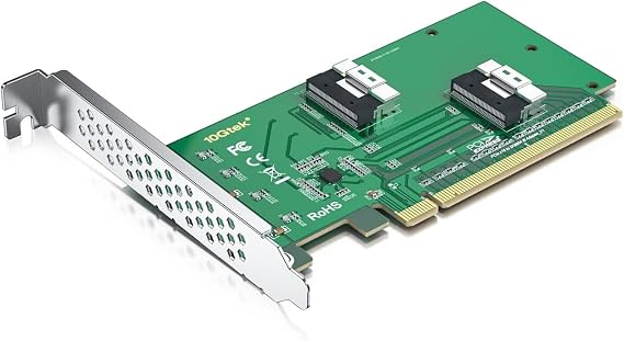PCIe 4.0 x16 to Dual SFF-8654 Adapter Card for U.2 NVMe SSD, SlimSAS 8i Interface, with Full-Height and Low-Profile Bracket, Requires Bifurcation Support