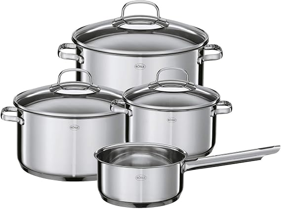 RÖSLE Elegance 4-Piece Pot Set 3 Pots and 1 Saucepan 18/10 Stainless Steel with Glass Lids and Inner Scale Suitable for Induction Cookers and Dishwasher Safe