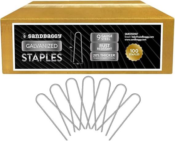 Sandbaggy Galvanized 6-Inch Landscape Staples | Industrial Grade 9 Gauge Steel | Also Called Fabric Pins, Garden Earth Stakes, Lawn Nails | Trusted by Farmers & Homeowners Across The USA (100 Staples)