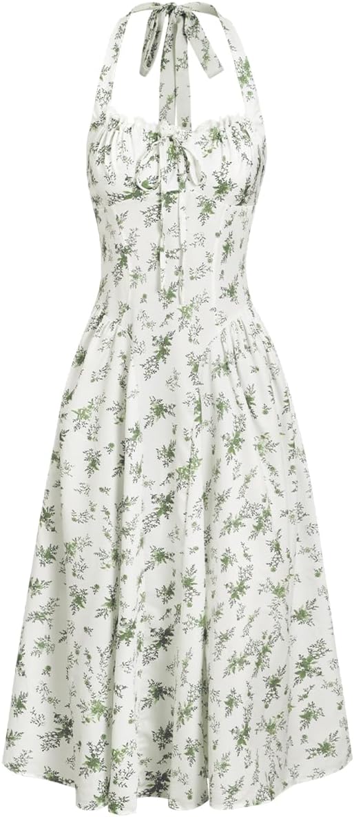 RIHOAS Casual Dresses for Women Sleeveless Halter Elegant Lace Tie Flowy A-Line Midi Dress